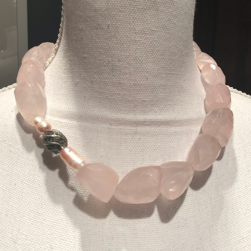 Pink Quartz, Pearl and Marcasite Silver Necklace